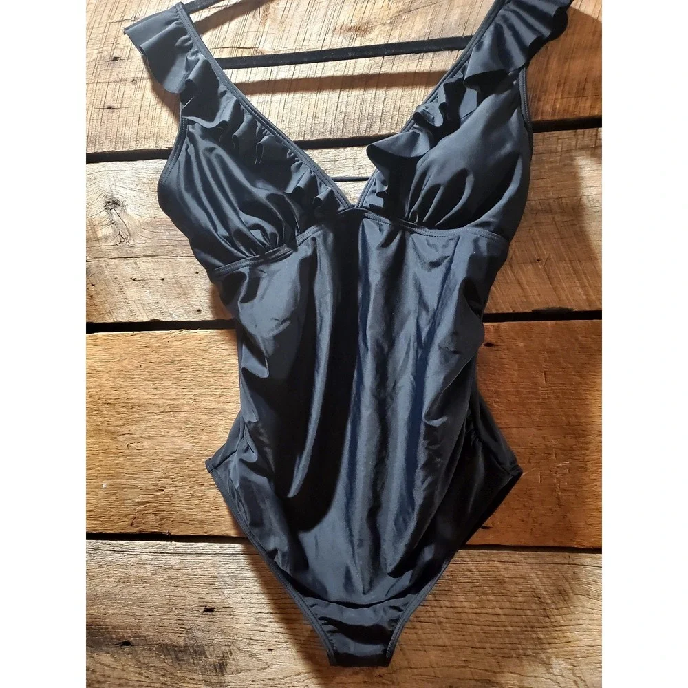Summer Mae Black Ruffle V-Neck Maternity One-Piece Swimsuit, Size Large